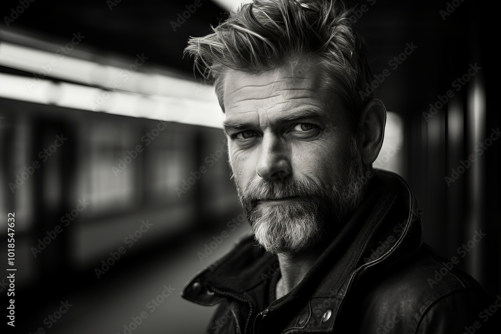 Portrait of a handsome man with a beard and mustache in a black leather jacket standing in a subway station Portrait of a handsome man with a beard and mustache in a black leather jacket standing in a subway station