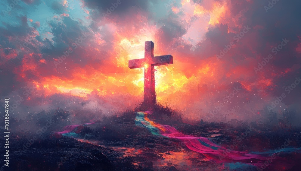 Cross glowing at sunset with vibrant cloths draped across the ground in a dramatic, misty landscape Generative AI Cross glowing at sunset with vibrant cloths draped across the ground in a dramatic, misty landscape Generative AI