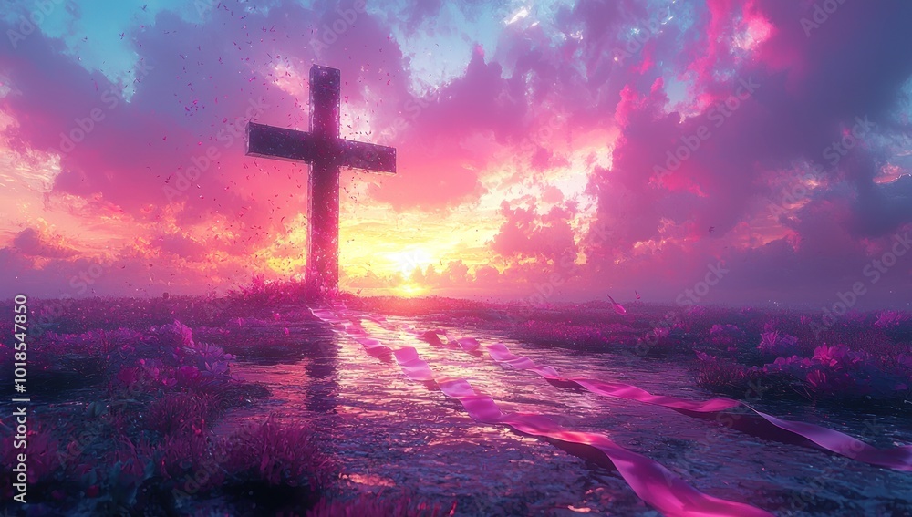 Cross glowing at sunset with vibrant cloths draped across the ground in a dramatic, misty landscape Generative AI Cross glowing at sunset with vibrant cloths draped across the ground in a dramatic, misty landscape Generative AI
