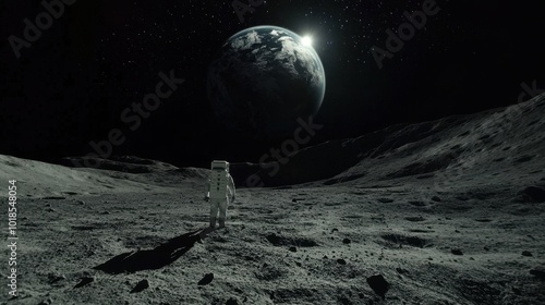 Astronaut exploring the lunar surface while Earth rises in the distant background at dawn photo