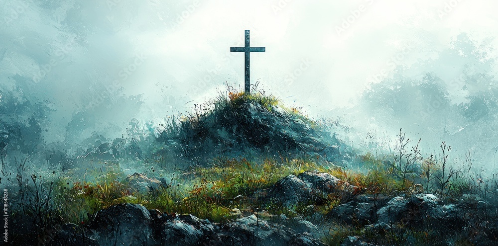 Fototapeta premium Cross on a grassy hill surrounded by mist and rocks in a serene and peaceful landscape Generative AI