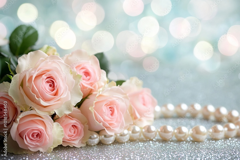 Pink Roses and Pearls on Glittery Background for Valentine's Day Card Design. AI generated illustration Pink Roses and Pearls on Glittery Background for Valentine's Day Card Design. AI generated illustration