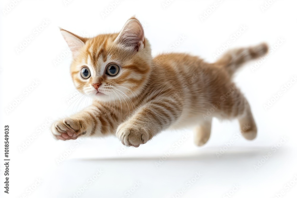 Obraz premium jumping american shorthair cat against a clean white background showcasing its playful demeanor and sleek fur capturing the essence of feline agility and charm