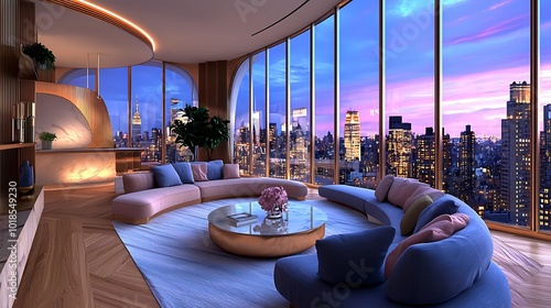 Modern Luxury Living Room with City Skyline View at Dusk