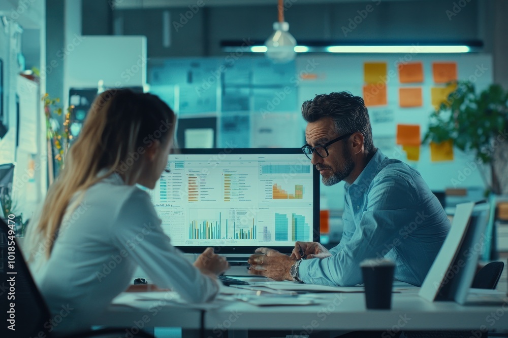 Two colleagues planning strategy with data visuals Two colleagues planning strategy with data visuals