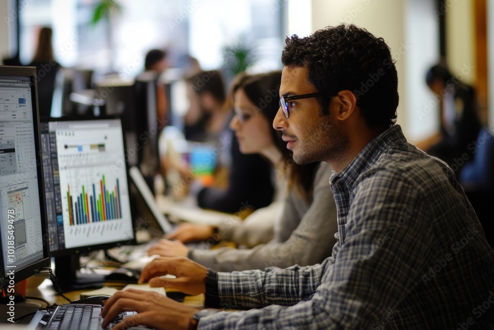 Focused man analyzing charts at work on computer Focused man analyzing charts at work on computer