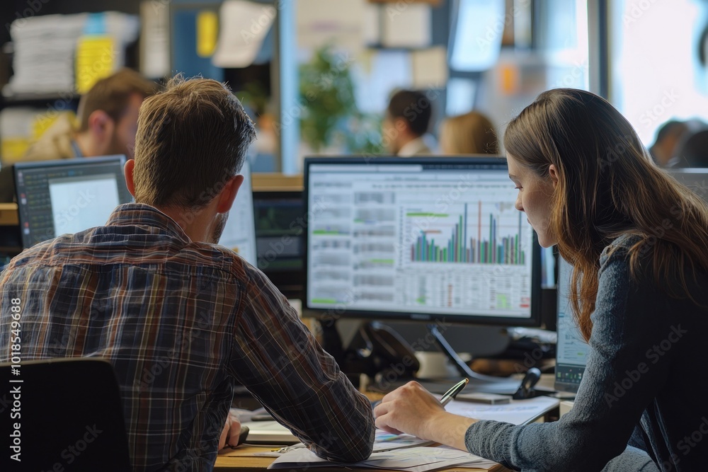 © GoodandEvil - Two colleagues analyzing market data on computers.