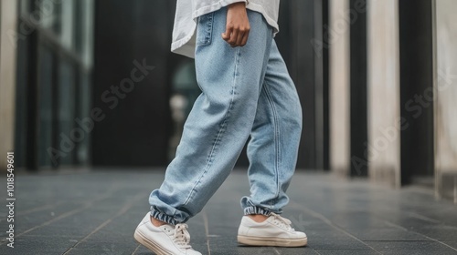 A person wearing light blue jeans and white sneakers walks on a city street. photo