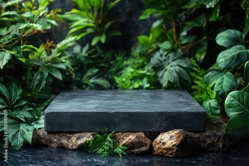 junglethemed product presentation featuring an empty black concrete countertop surrounded by rich greenery perfect for showcasing cosmetics or bar products in an outdoor setting photo