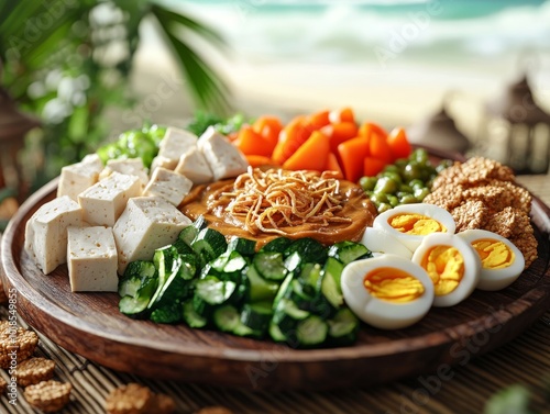 Indonesian gado-gado with boiled vegetables and peanut sauce, vibrant assortment of vegetables neatly arranged, tofu cubes and boiled eggs peanut sauce drizzled, garnished fried shallots and crackers photo