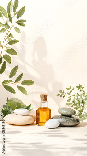 Zen wellness still life with stones, oil, and leaves, creating a serene atmosphere in nature.. 3D illustration relax and free mind concept