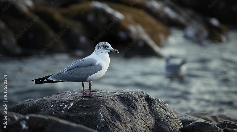 Seagull Perched on Rock by the Ocean Seagull Perched on Rock by the Ocean