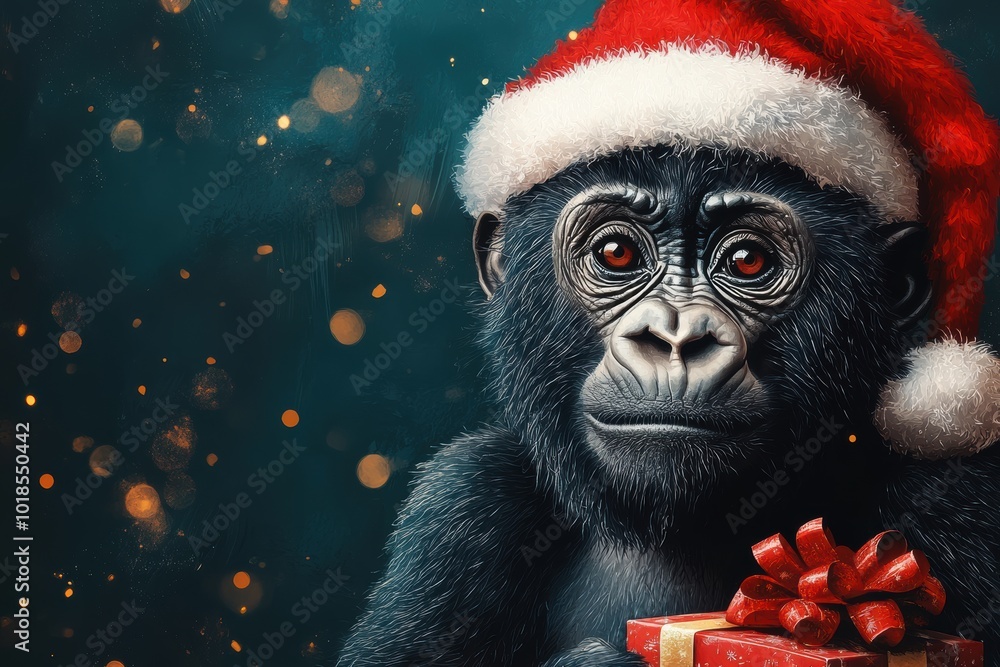 Festive Gorilla with Christmas Hat and Gift Box Festive Gorilla with Christmas Hat and Gift Box