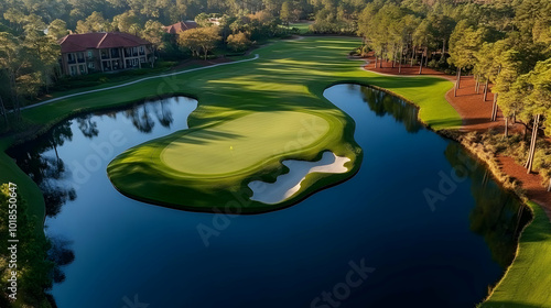 An Island Green Golf Course Surrounded by Water Features at Sunset