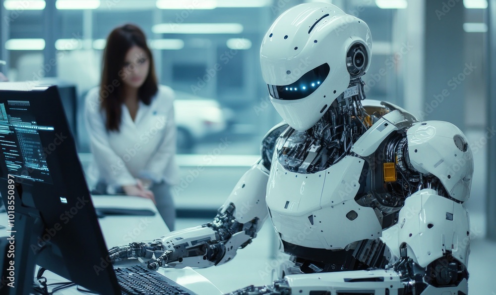 Advanced AI robot working on computer in lab setting Advanced AI robot working on computer in lab setting