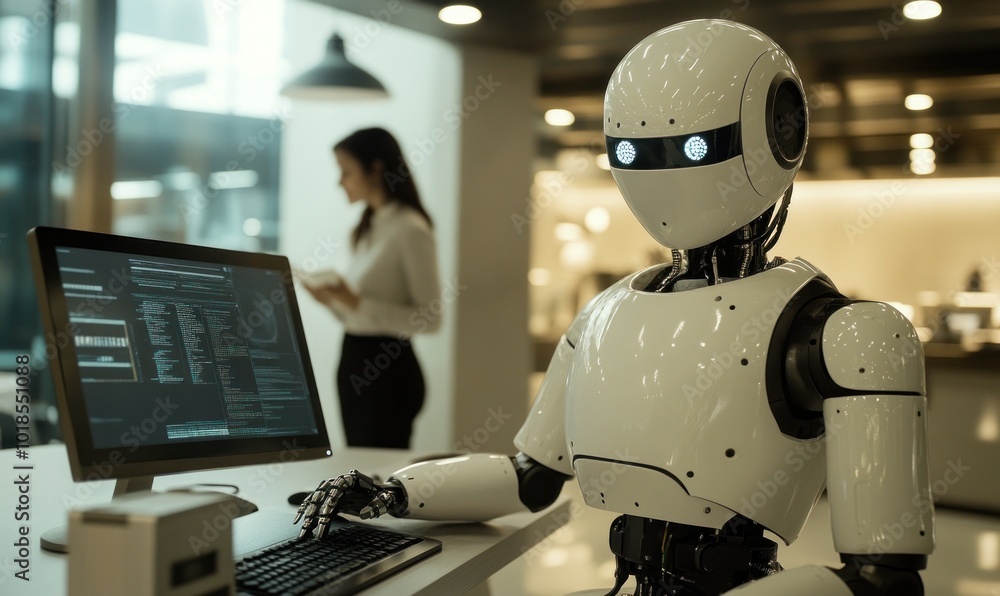 Robot interacting with digital media in modern office Robot interacting with digital media in modern office