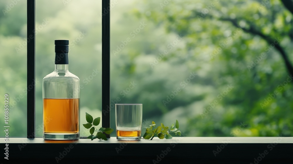 Bottle and Glass on Wooden Windowsill in Overcast Weather Bottle and Glass on Wooden Windowsill in Overcast Weather