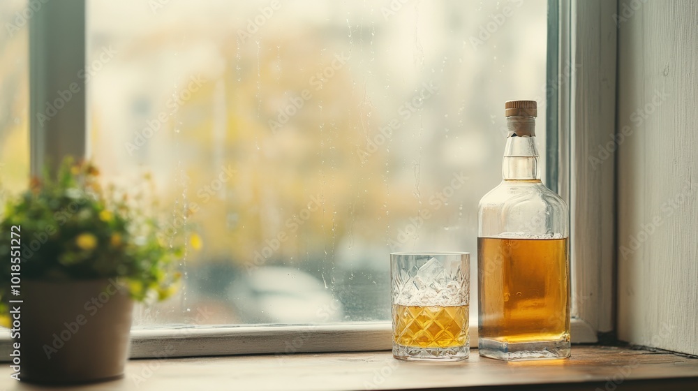 Alcohol Bottle and Glass on a Cloudy Day by Window Alcohol Bottle and Glass on a Cloudy Day by Window