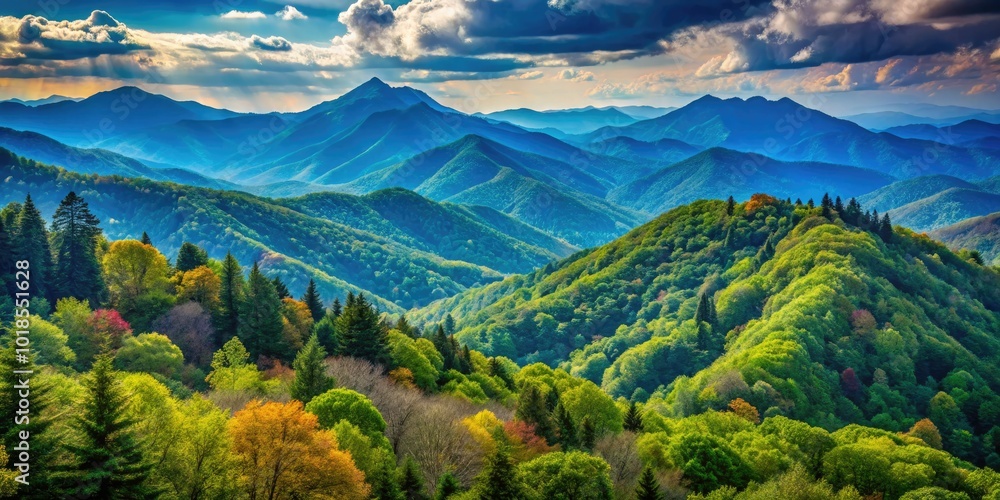 Obraz premium Breathtaking Appalachian Mountains in Georgia showcase majestic peaks and vibrant greenery, all set against a pristine blue sky, creating a stunning natural landscape.