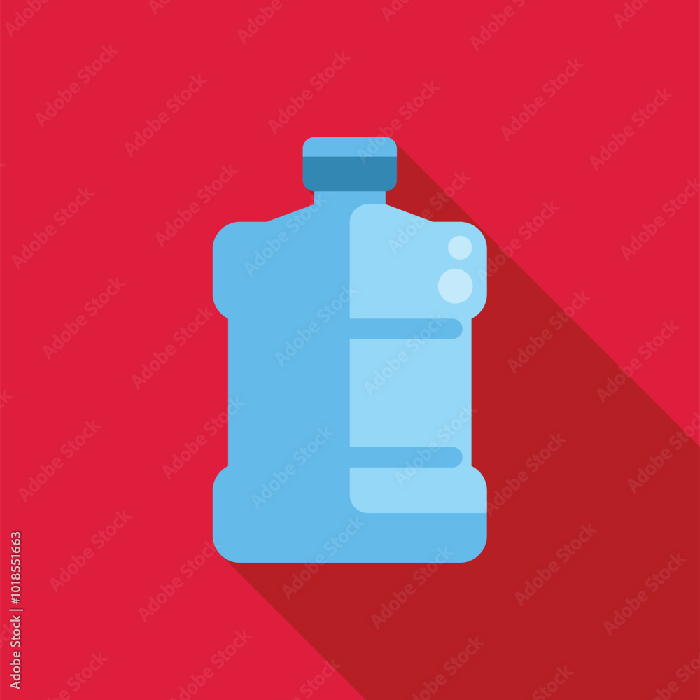 Big blue water bottle with handle casting shadow, simple flat design of reusable water container on red background Big blue water bottle with handle casting shadow, simple flat design of reusable water container on red background
