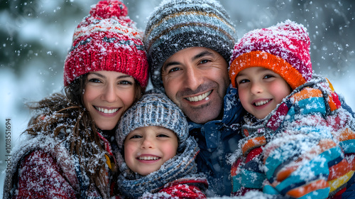 Family enjoying a snowy day outdoors in the mountains with bright winter clothing during christmas