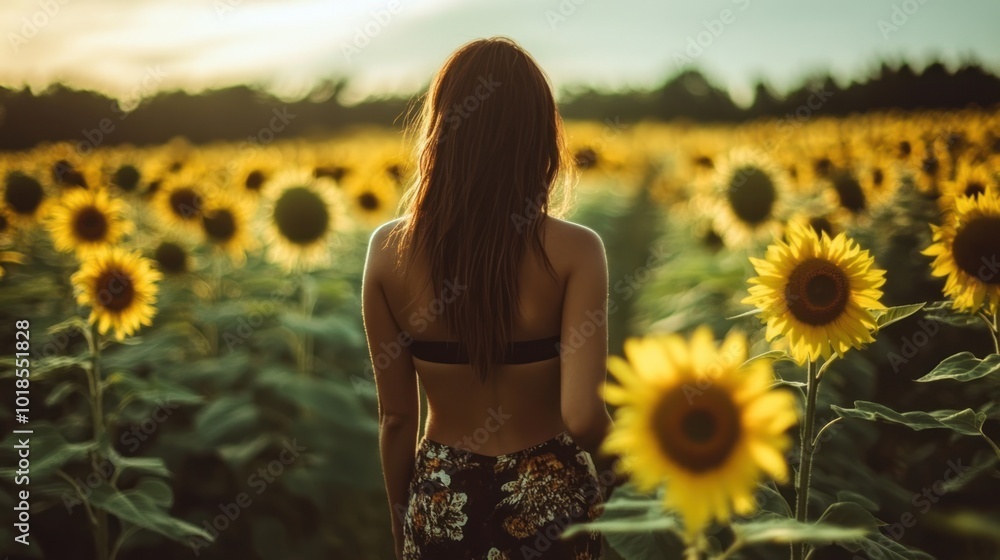woman walking through a field of sunflowers woman walking through a field of sunflowers