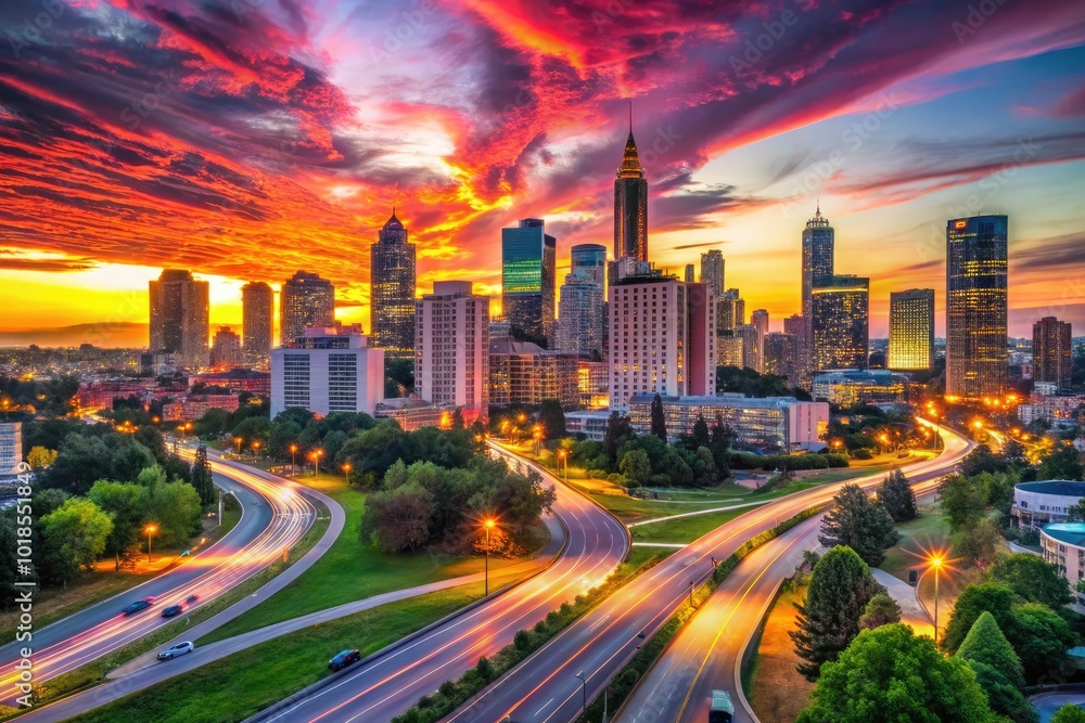 Fototapeta premium Breathtaking dusk panorama of Atlantaâ€™s skyline, illuminated by vibrant sunset hues and twinkling city lights, creates a stunning visual masterpiece that captivates the evening sky.