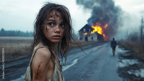 A man in the background, standing in front of a burning house, adds mystery. The woman looks at the camera, her face showing a mixture of fear and determination.