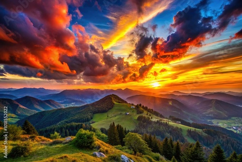 Breathtaking Sunset Over Mountain Panorama with Hills and Dramatic Sky in Vibrant Colors and Shadows