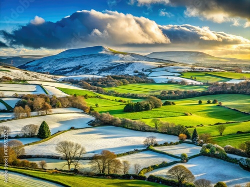 Breathtaking winter landscapes of Ireland highlight snow-covered hills alongside glistening frosty green fields, evoking a sense of calm and natural beauty in every view.