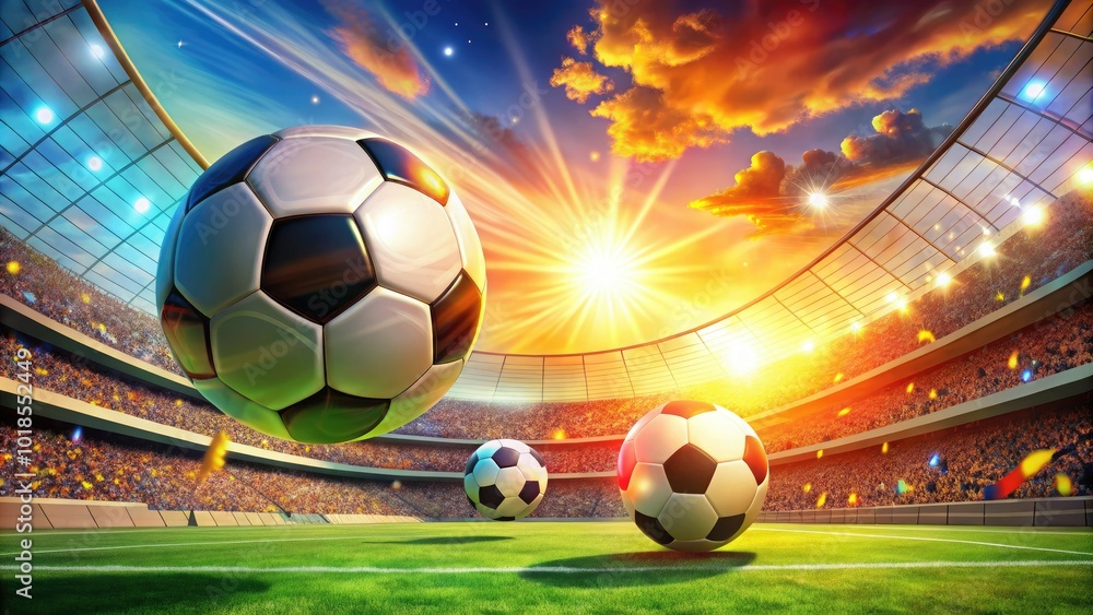 Fototapeta premium Bright and colorful clipart depicting football games, soccer balls, and thrilling sports scenes, perfect for energizing sports enthusiasts and adding vibrancy to any project.