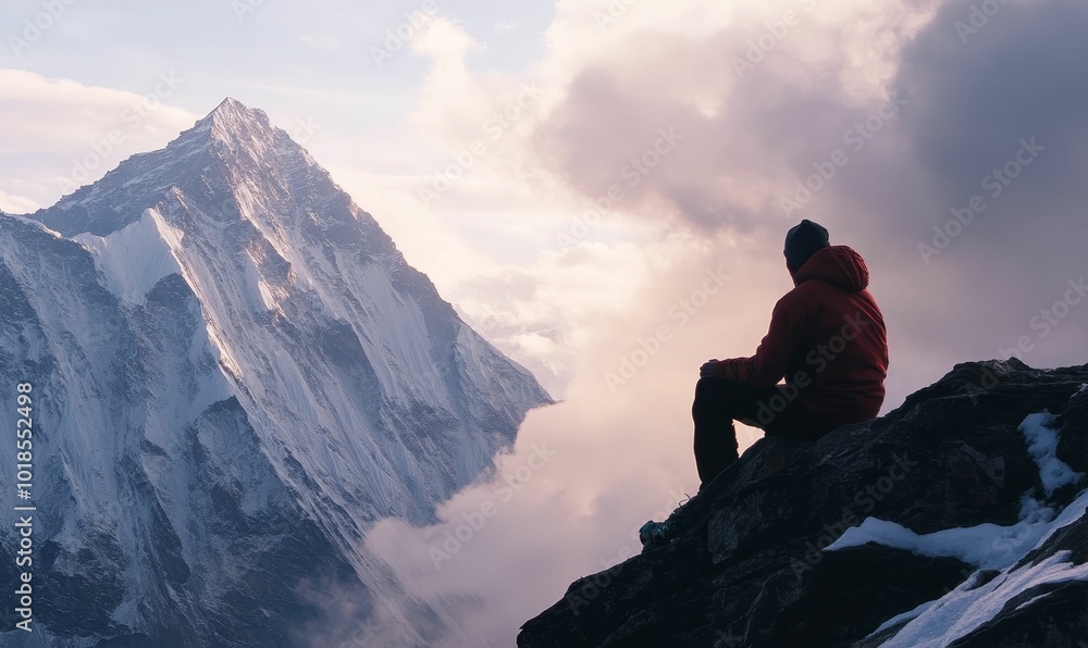 Man sitting on mountainside, looking at peak. Man sitting on mountainside, looking at peak.