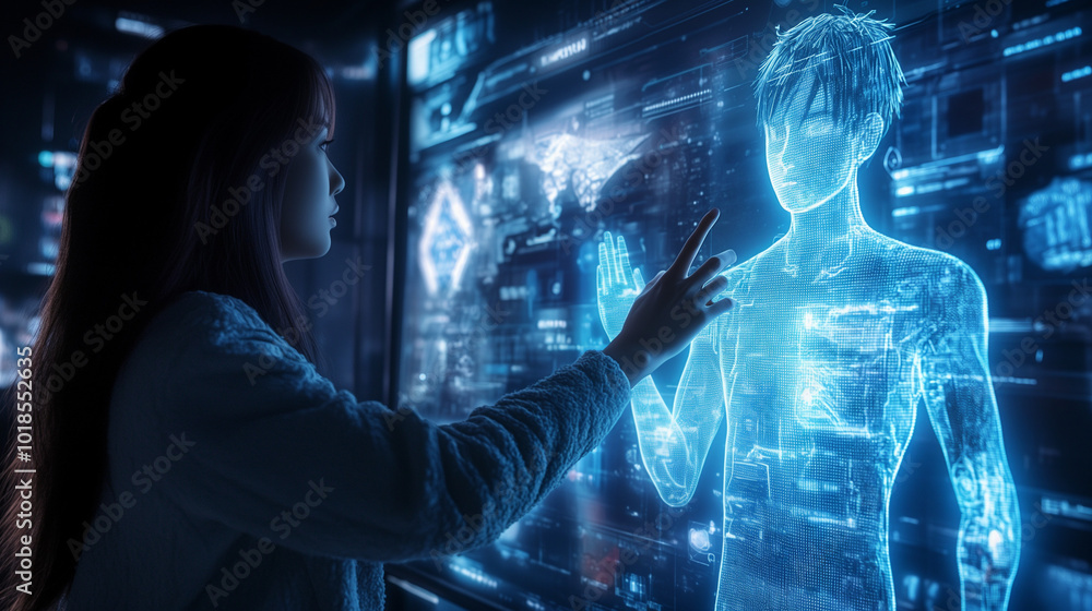 custom made wallpaper toronto digitalA woman attracted to AI anime hologram handsome man in the screen.