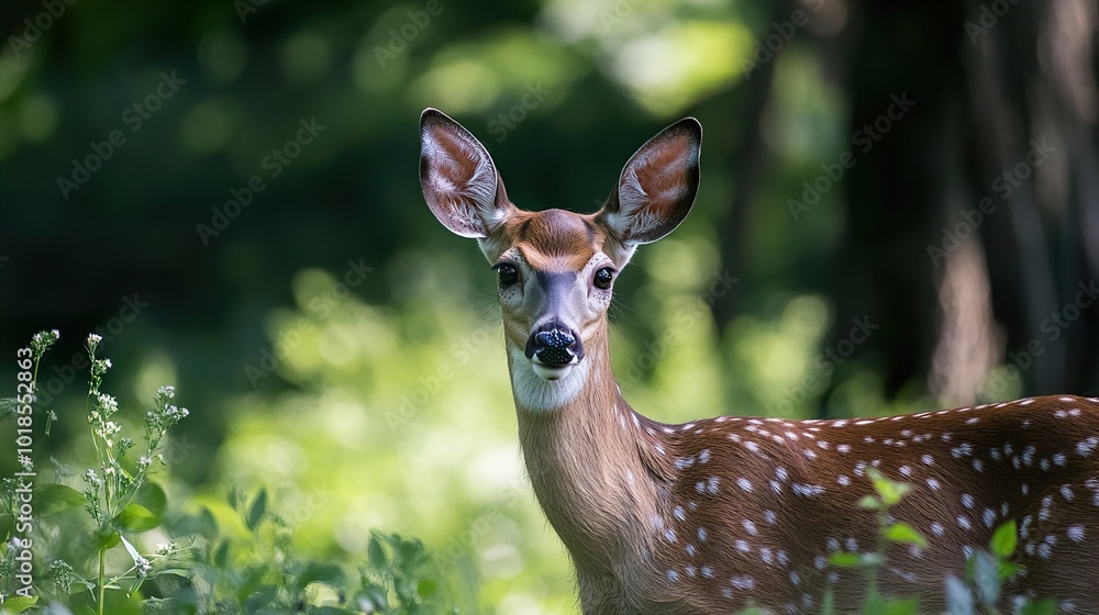 Close-up Portrait of a Spotted Fawn in the Forest Close-up Portrait of a Spotted Fawn in the Forest