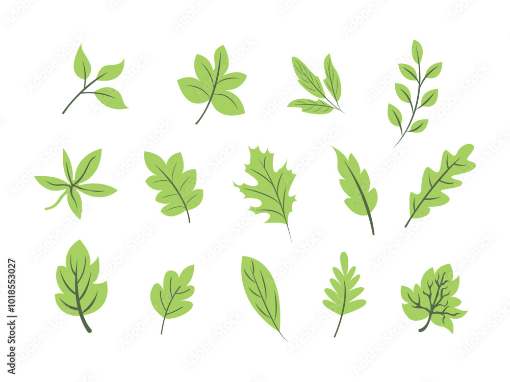 Green leaf icons set on white background,Flat vector illustration,Flat isolated vector symbols set. Green leaf icons set on white background,Flat vector illustration,Flat isolated vector symbols set.