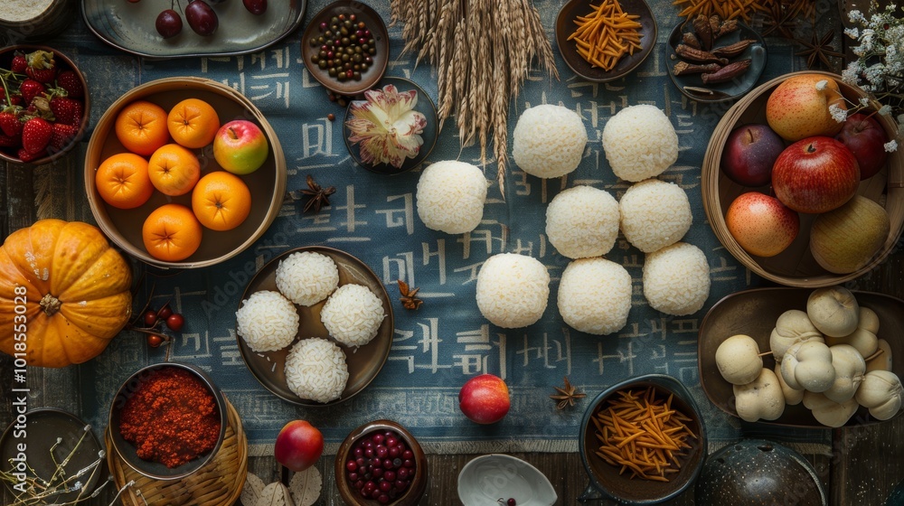 Korean Rice Cakes and Fruits for Chuseok Celebration Korean Rice Cakes and Fruits for Chuseok Celebration