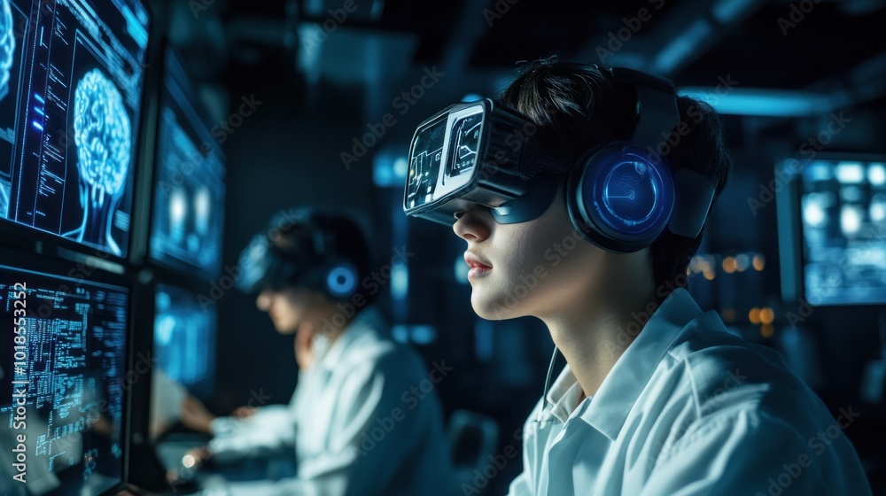 People using VR headsets in a digital workspace People using VR headsets in a digital workspace