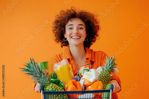 Young woman with a shopping cart full of products isolated on orange