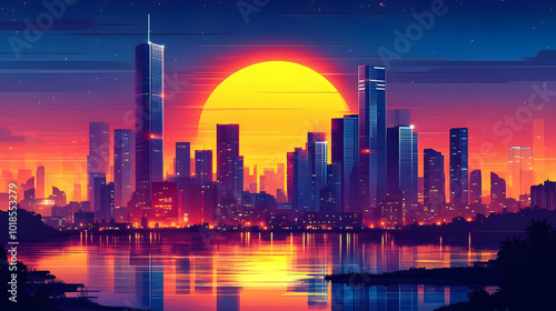 Wallpaper Mural Vivid Cityscape Illustration Showcases Towering Buildings Against a Vibrant Sunset with Reflections in the Water Torontodigital.ca