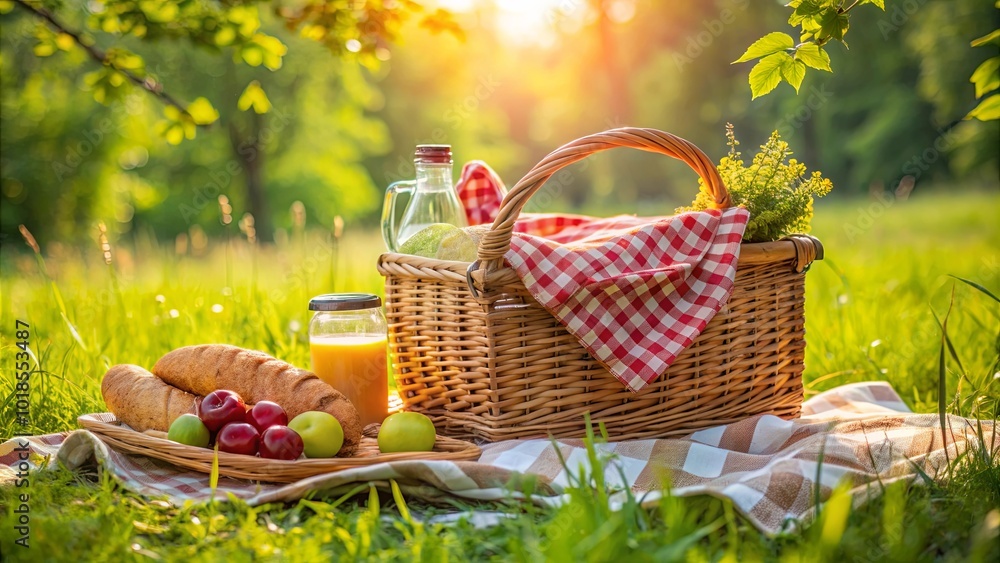 A Wicker Picnic Basket with Red and White Checkered Cloth Laid Out on a Tan and White Checkered Blanket, Ready for a Relaxing Meal in the Lush Green Grass A Wicker Picnic Basket with Red and White Checkered Cloth Laid Out on a Tan and White Checkered Blanket, Ready for a Relaxing Meal in the Lush Green Grass