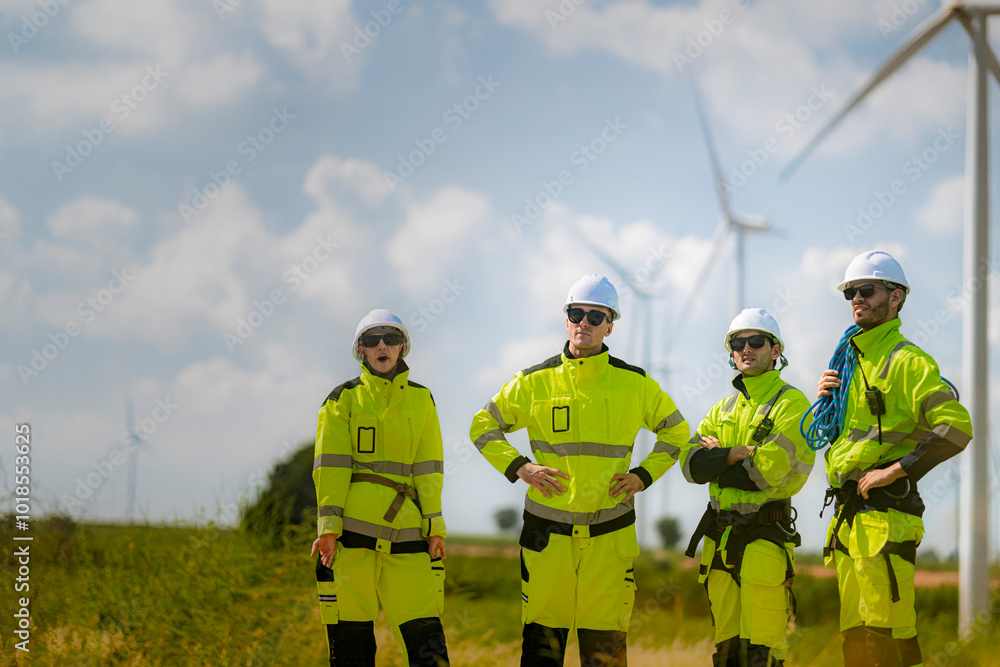 A team of engineers in high-visibility safety gear stand together at a wind farm, conducting inspections and discussing renewable energy projects. Wind turbines surround them under a clear sky. A team of engineers in high-visibility safety gear stand together at a wind farm, conducting inspections and discussing renewable energy projects. Wind turbines surround them under a clear sky.
