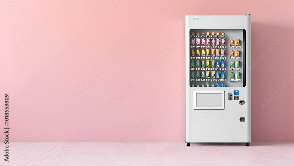 a minimalist and modern-style vending machine set against a pastel pink wall. Small business, self-service vending machines in public places. machine vending at the station a minimalist and modern-style vending machine set against a pastel pink wall. Small business, self-service vending machines in public places. machine vending at the station