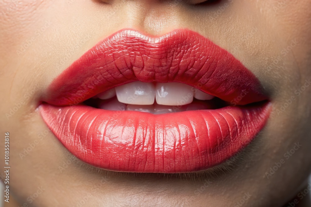 Fototapeta premium Magnified image of a healthy inner lower lip, revealing its natural color and texture, for use in medical assessments and educational materials in the health field.