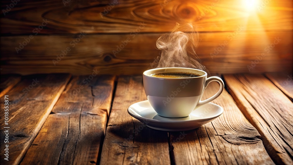 A warm mug of coffee on a rustic wooden surface, with steam rising and sunlight illuminating the scene A warm mug of coffee on a rustic wooden surface, with steam rising and sunlight illuminating the scene