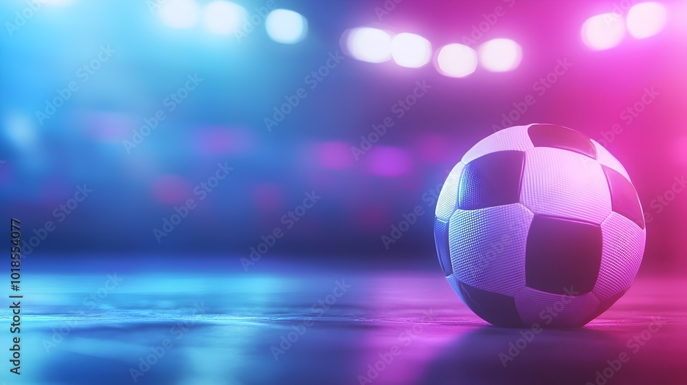 Fototapeta premium A futuristic neon football stadium with a vibrant atmosphere, featuring glowing seats and dynamic fans within a sleek architectural design
