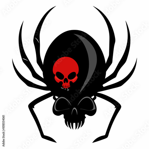 A black widow spider crawling on a skull silhouette vector illustration on white background