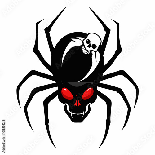 A black widow spider crawling on a skull silhouette vector illustration on white background