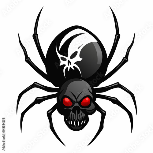 A black widow spider crawling on a skull silhouette vector illustration on white background