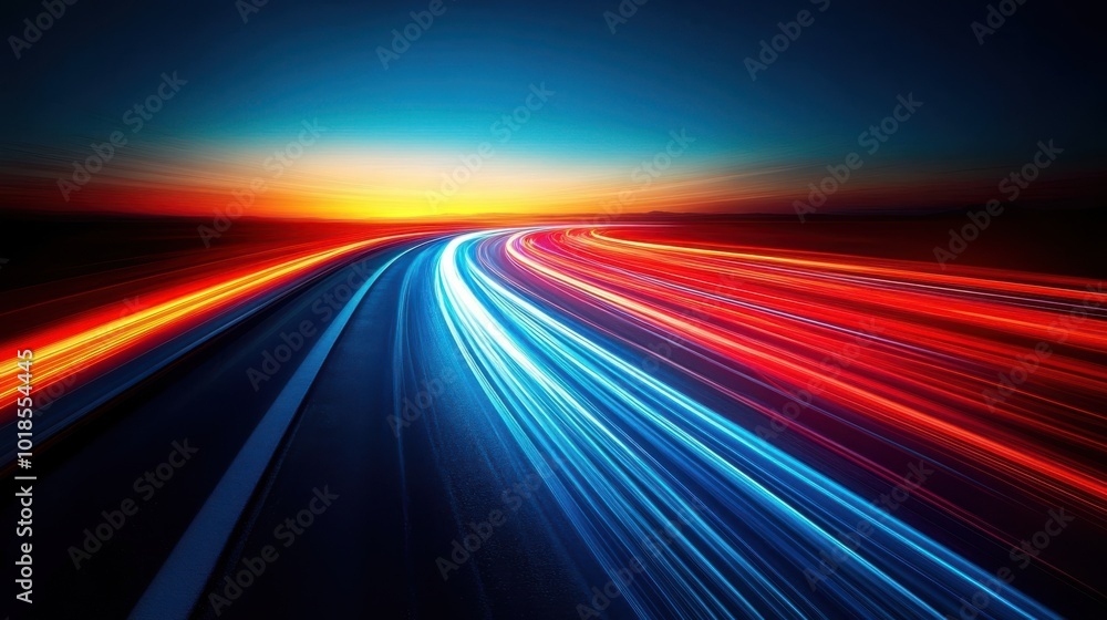 Abstract Motion Blur of Red and Blue Light Trails on a Curved Asphalt Road at Sunset Abstract Motion Blur of Red and Blue Light Trails on a Curved Asphalt Road at Sunset