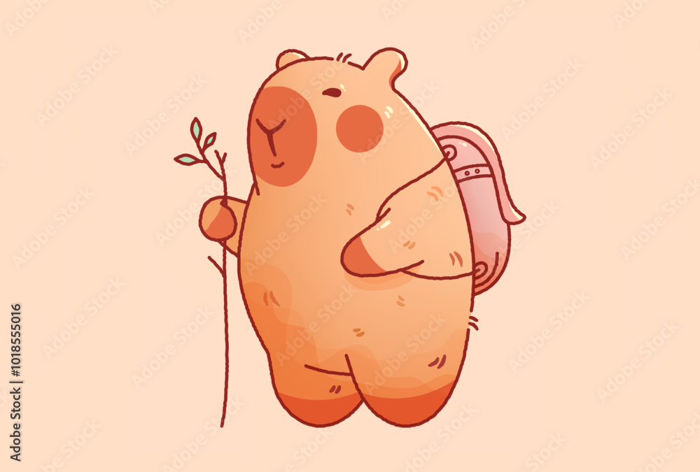 Fototapeta premium Kawaii cutie capybara traveler with stick and backpack.